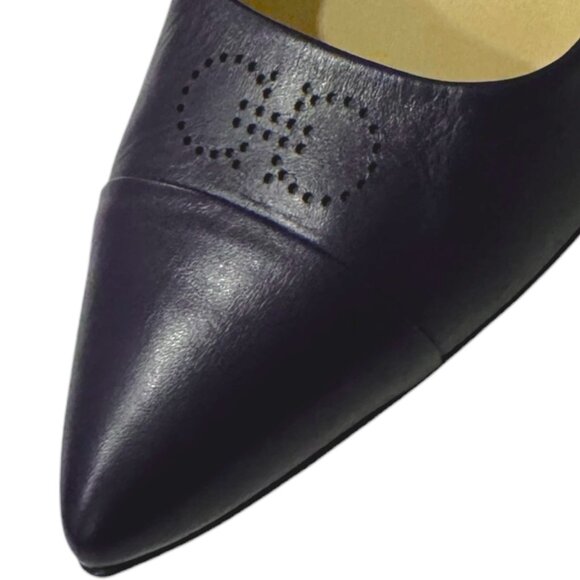 Salvatore Ferragamo Navy Leather Pumps Size 10 B Made in Italy Pointed Toe Logo - Picture 9 of 13